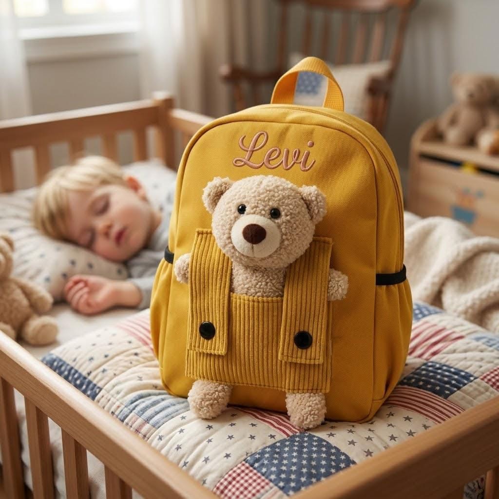 Custom Name Toddler Backpack with Plush Bear Companion Personalized Kids School Bag for Kindergarten Nursery Daycare Baby Keepsake Gift