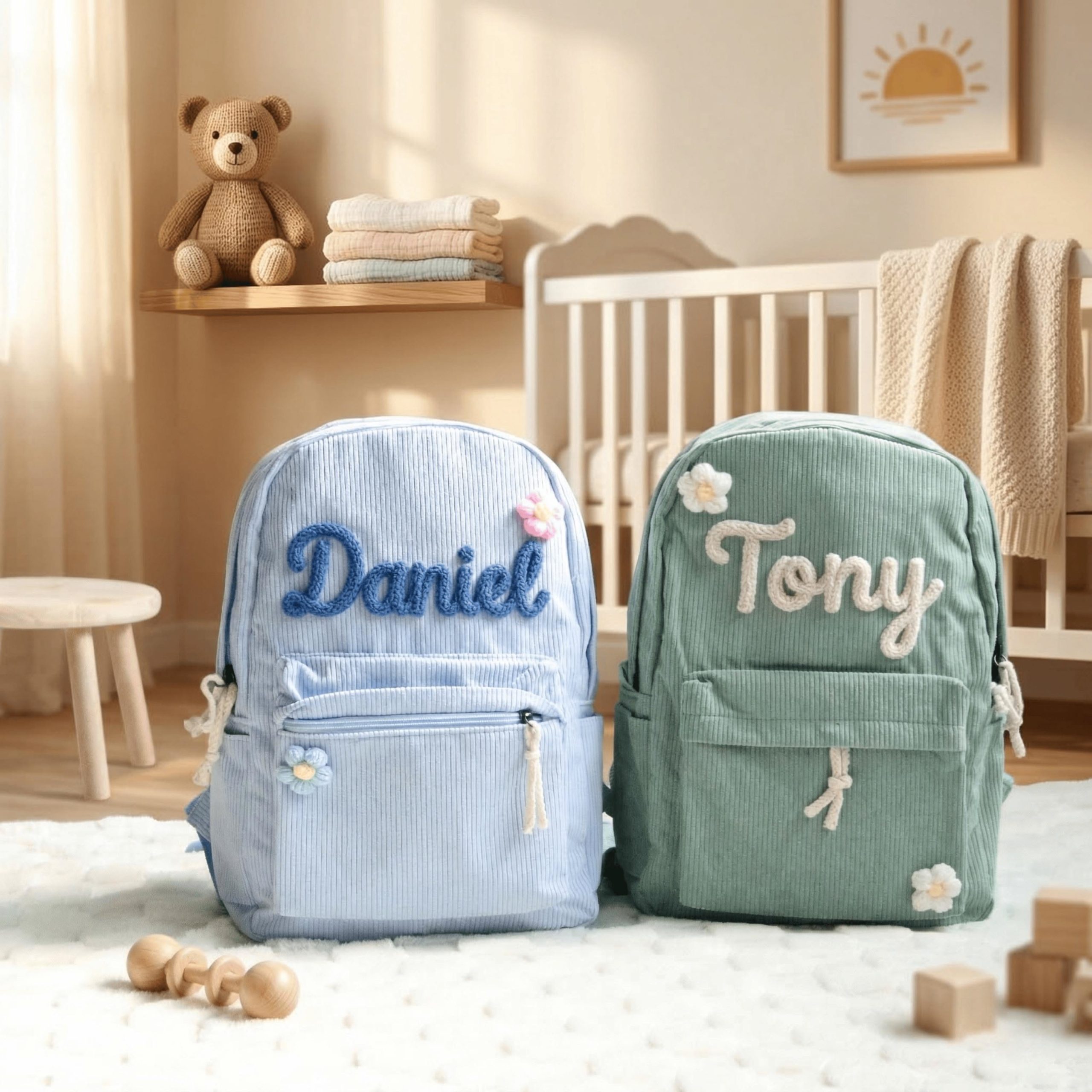 Personalized Corduroy Toddler Backpack, Hand Embroidered Name, Floral Icon Details