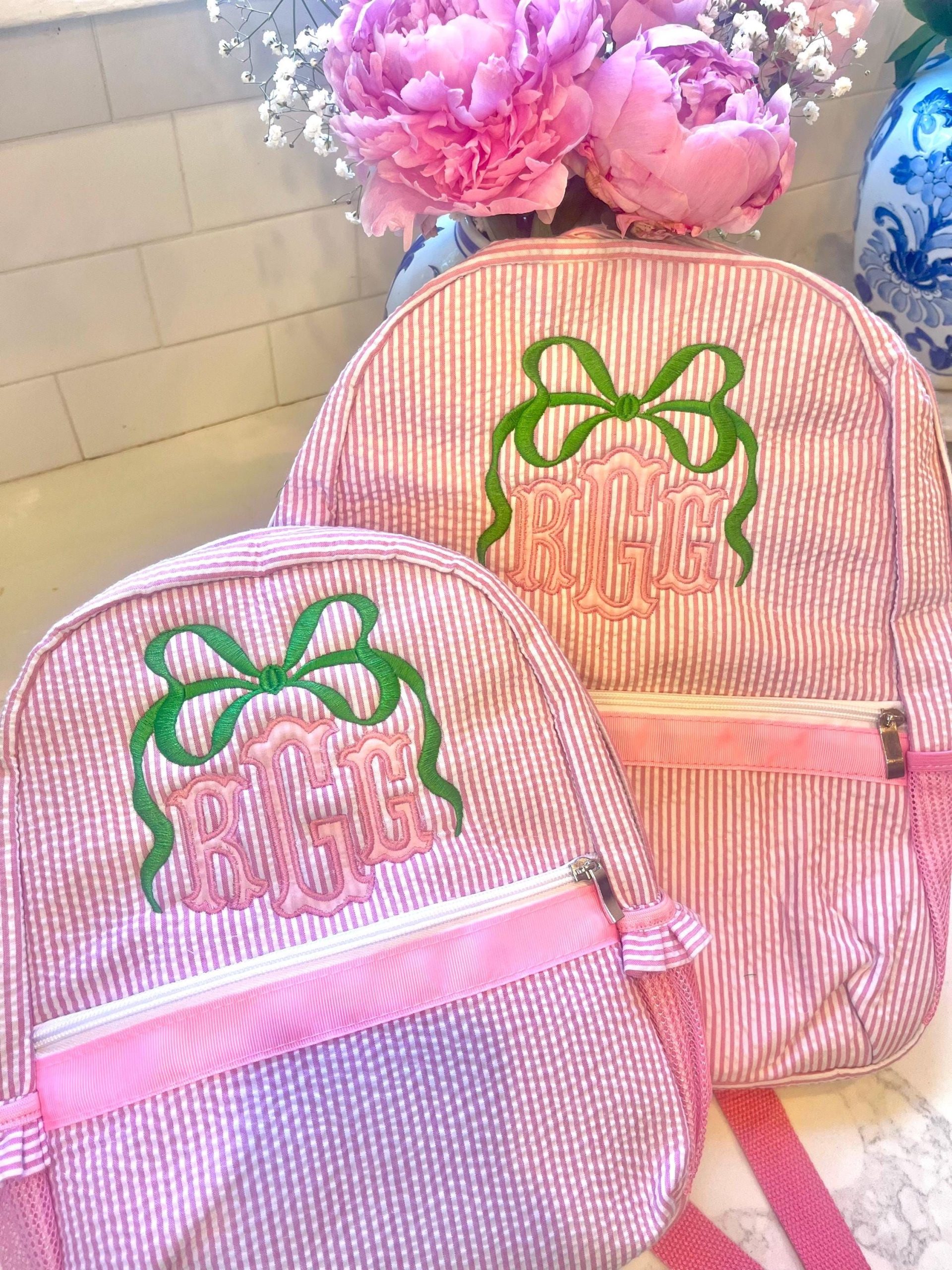 Monogrammed Seersucker Backpack, Personalized Child’s Backpack, Embroidered School Backpack, Applique Monogrammed Backpack, Child Backpack