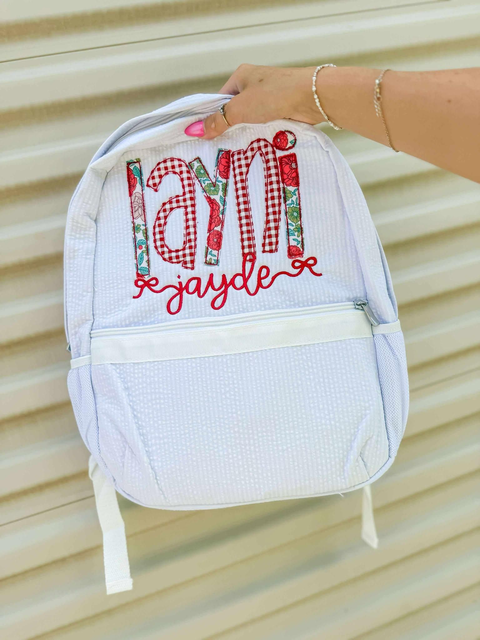 IN STOCK! Seersucker Backpack – Personalized School Bag, Book Bag, Name applique, diaper bag, Farmhouse, Preschool Bookbag, Best Seller