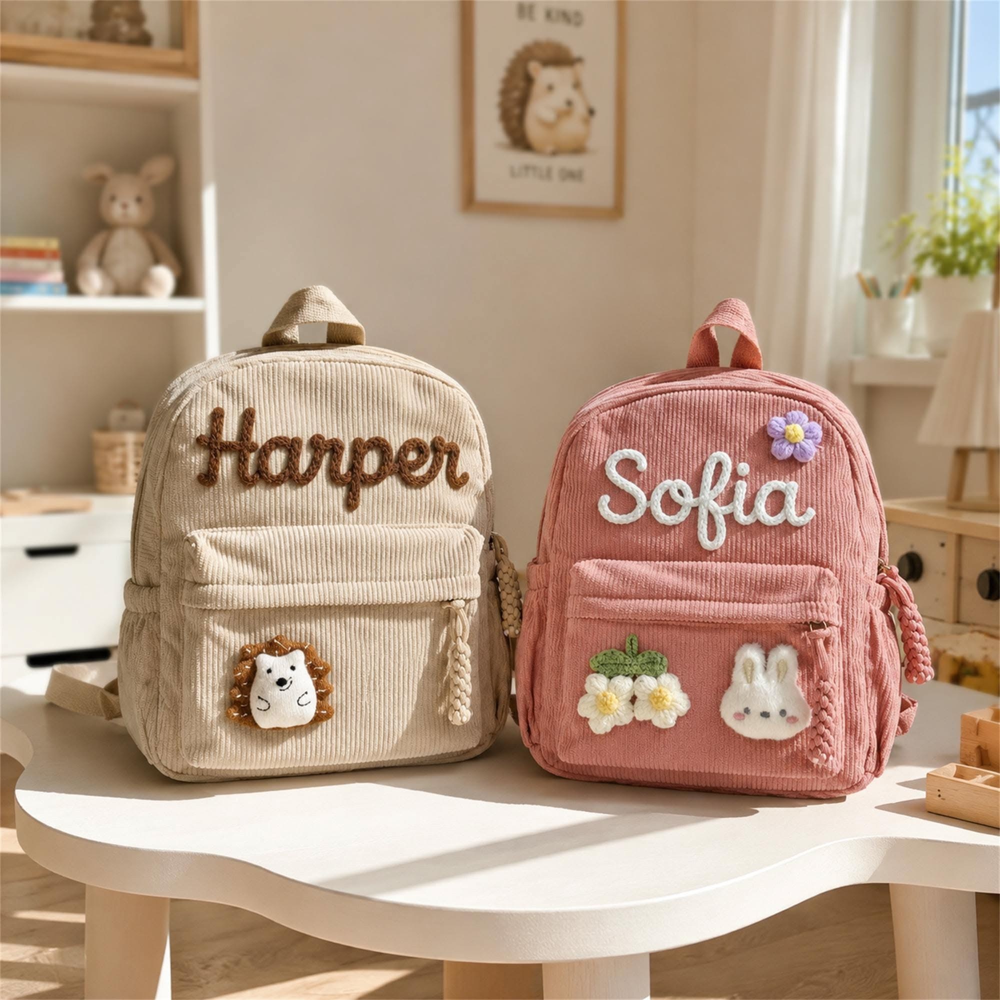 Custom Name Kids Backpack, Personalized Corduroy School Bag for Girls, Toddler Preschool Backpack, Baby Shower Gift for Little Girl