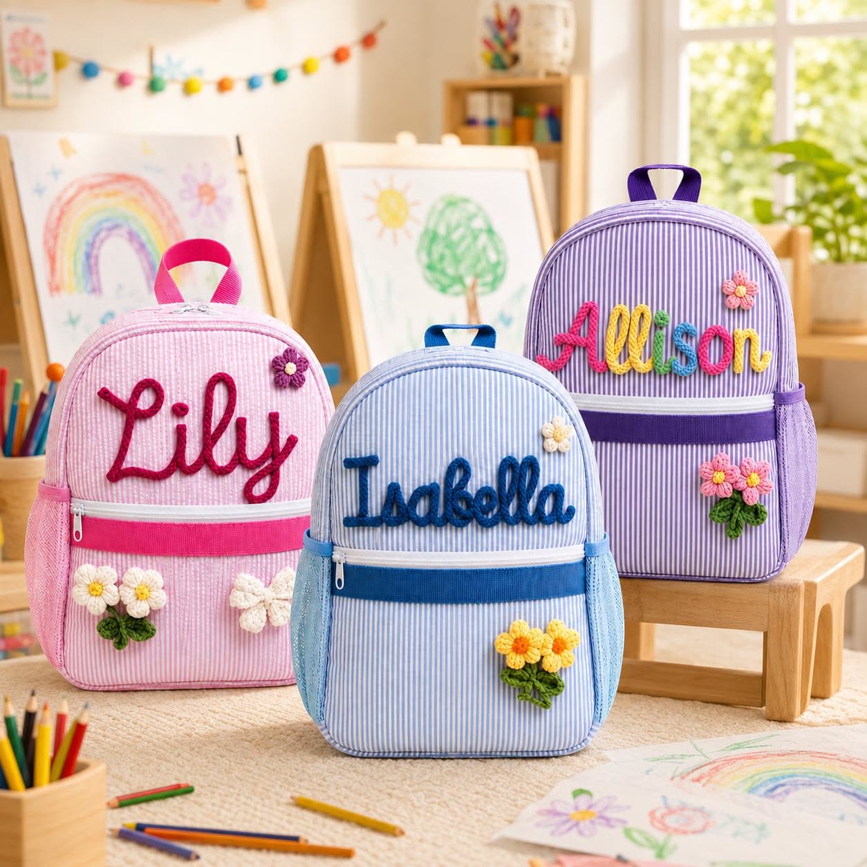 Kids Backpack with Name, Custom Seersucker School Bag, Personalized Backpack for Girls, Back to School Book Bag