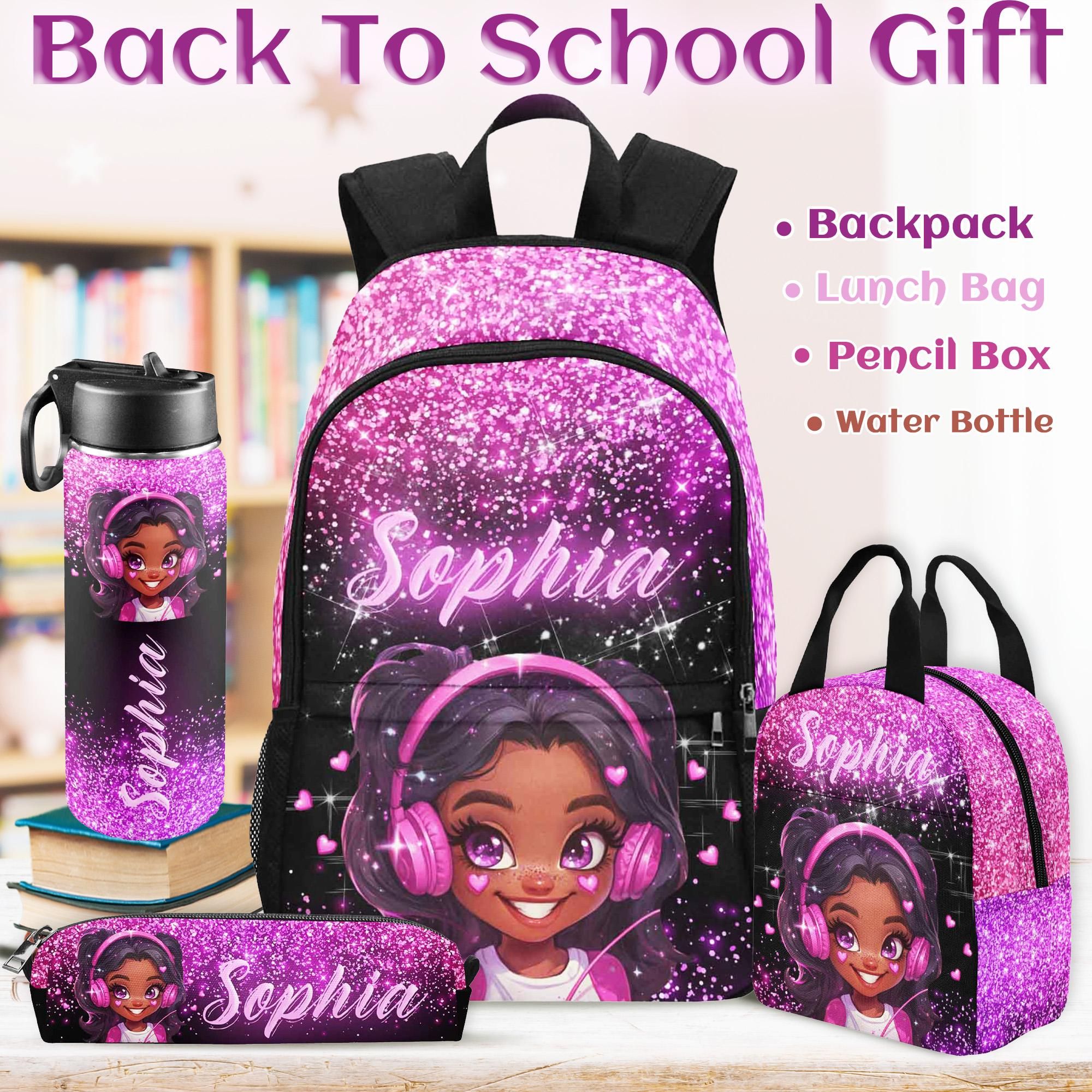 Personalized Afro Girl Backpack Set: School Bag, Lunchbox & Water Bottle