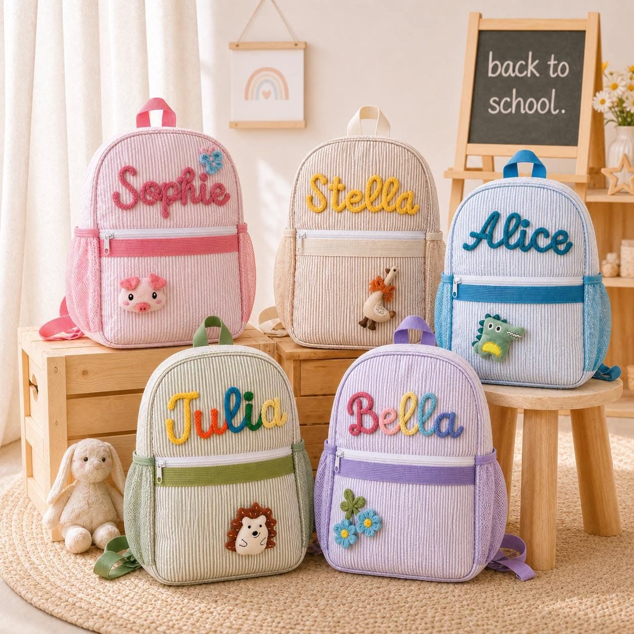 Personalized Bubble Seersucker Backpack Set, Embroidered Name Toddler Backpack With Lunch Bag, Cute Preschool School Bag, Kindergarten Gift