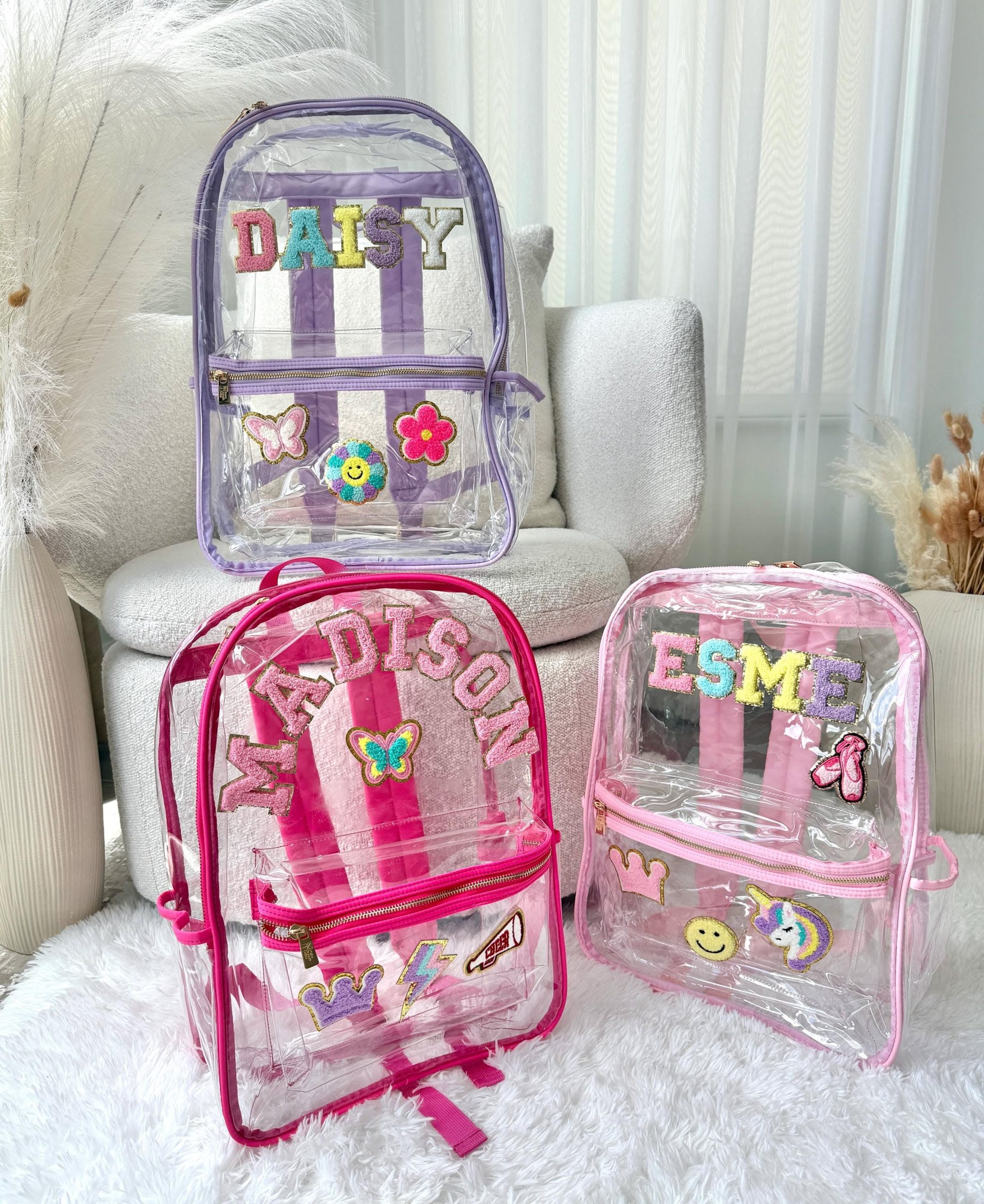 Personalized Clear School Backpack with Chenille Patches – Clear School Backpack with Patches – School Approved Clear Backpack