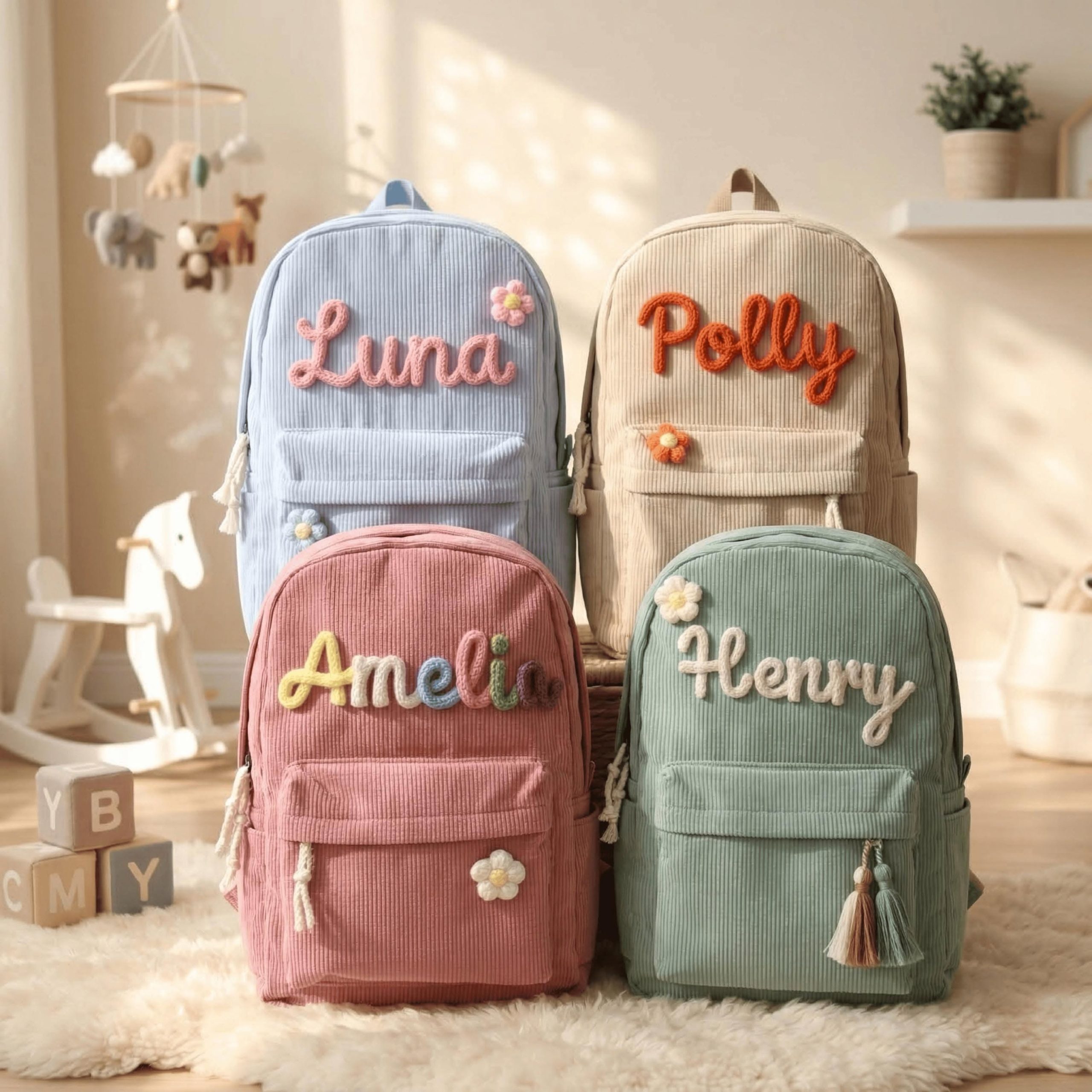 Custom Corduroy Toddler Backpack – Handmade Crochet Name, Flower Detail, Personalized Kids Bag
