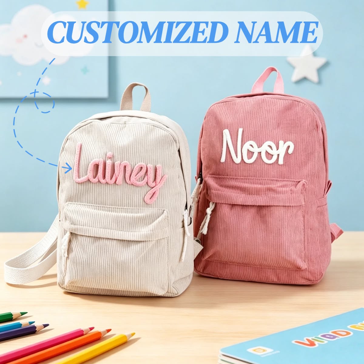 Custom Corduroy Backpack Personalized Schoolbag with Cotton Rope Embroidery Name Back to School Bag