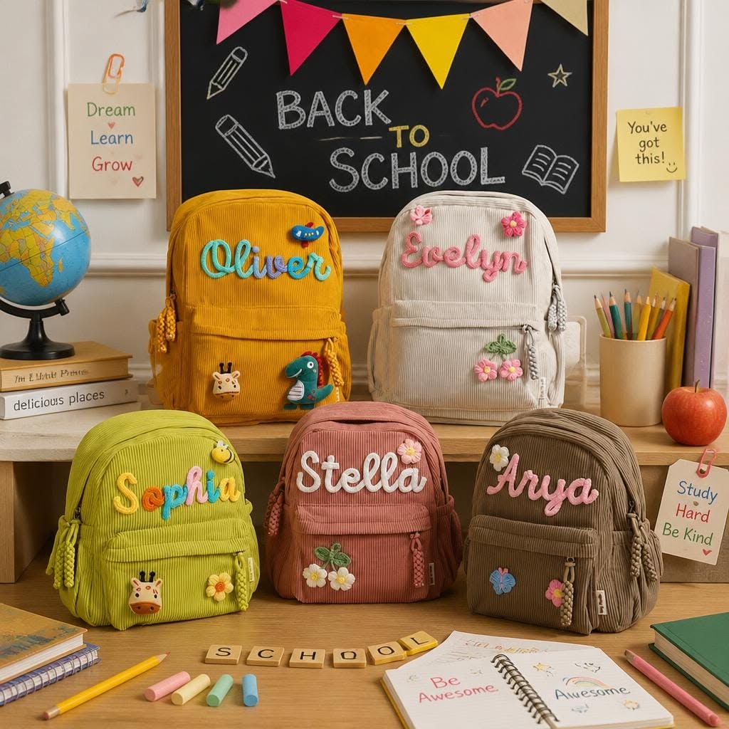 Custom Name Floral Corduroy Kids Backpack, Large Capacity School Bag with Adhesive Letters