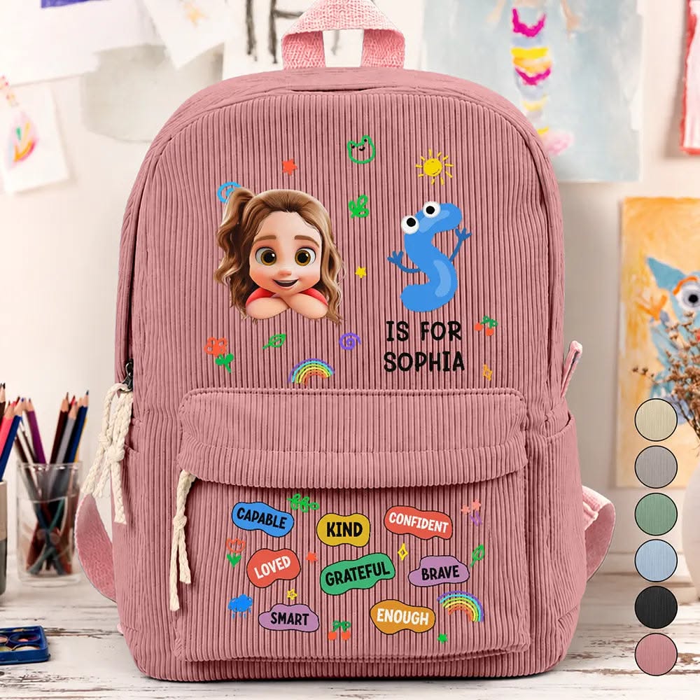 Monogram Back To School Kids Kind Capable Affirmations – Personalized Corduroy Backpack