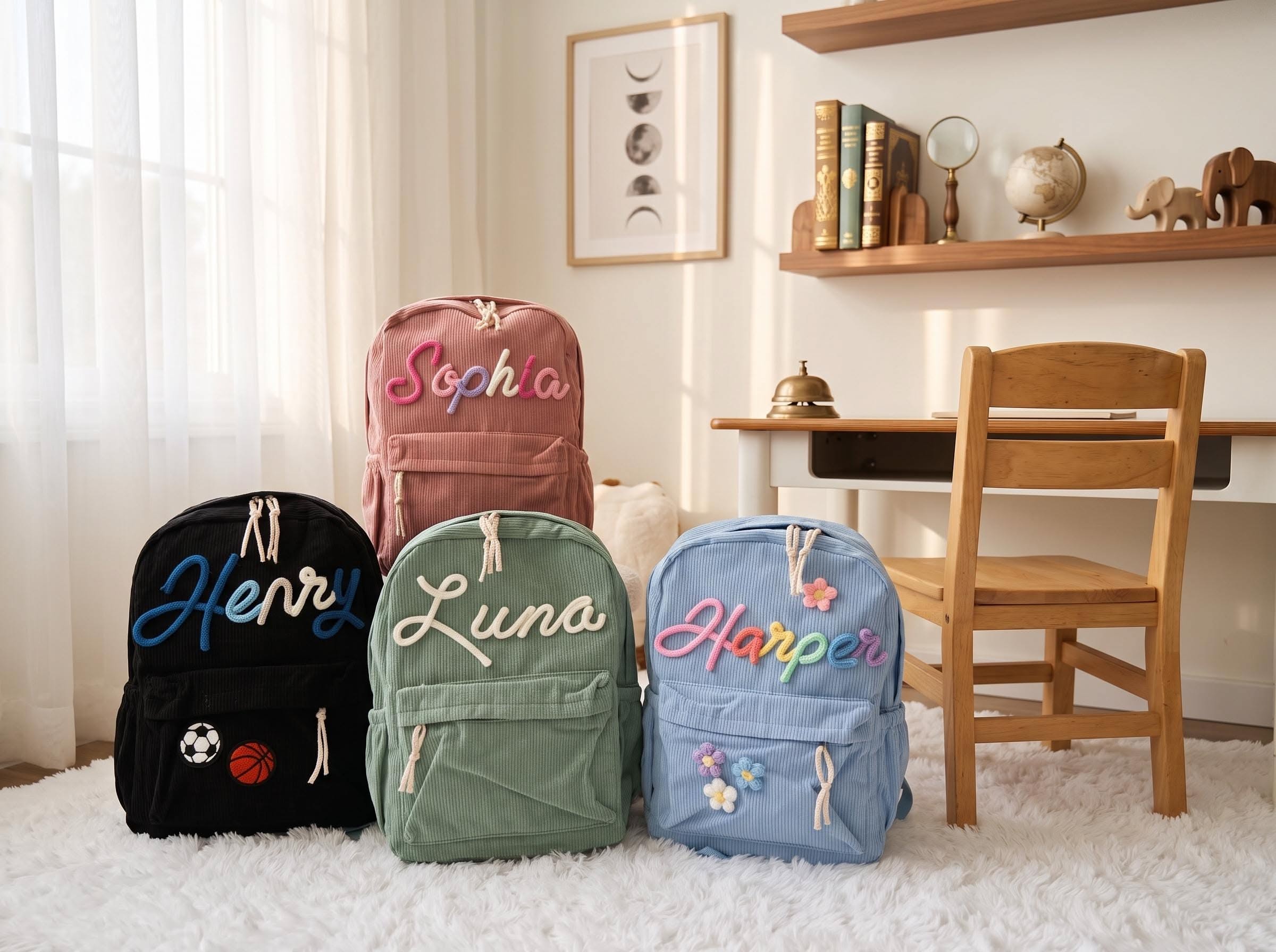 Personalized Kids Backpack, Custom Name School Bag, Toddler Backpack Gift, Corduroy Yarn Name Backpack, Back to School Gift for Kids