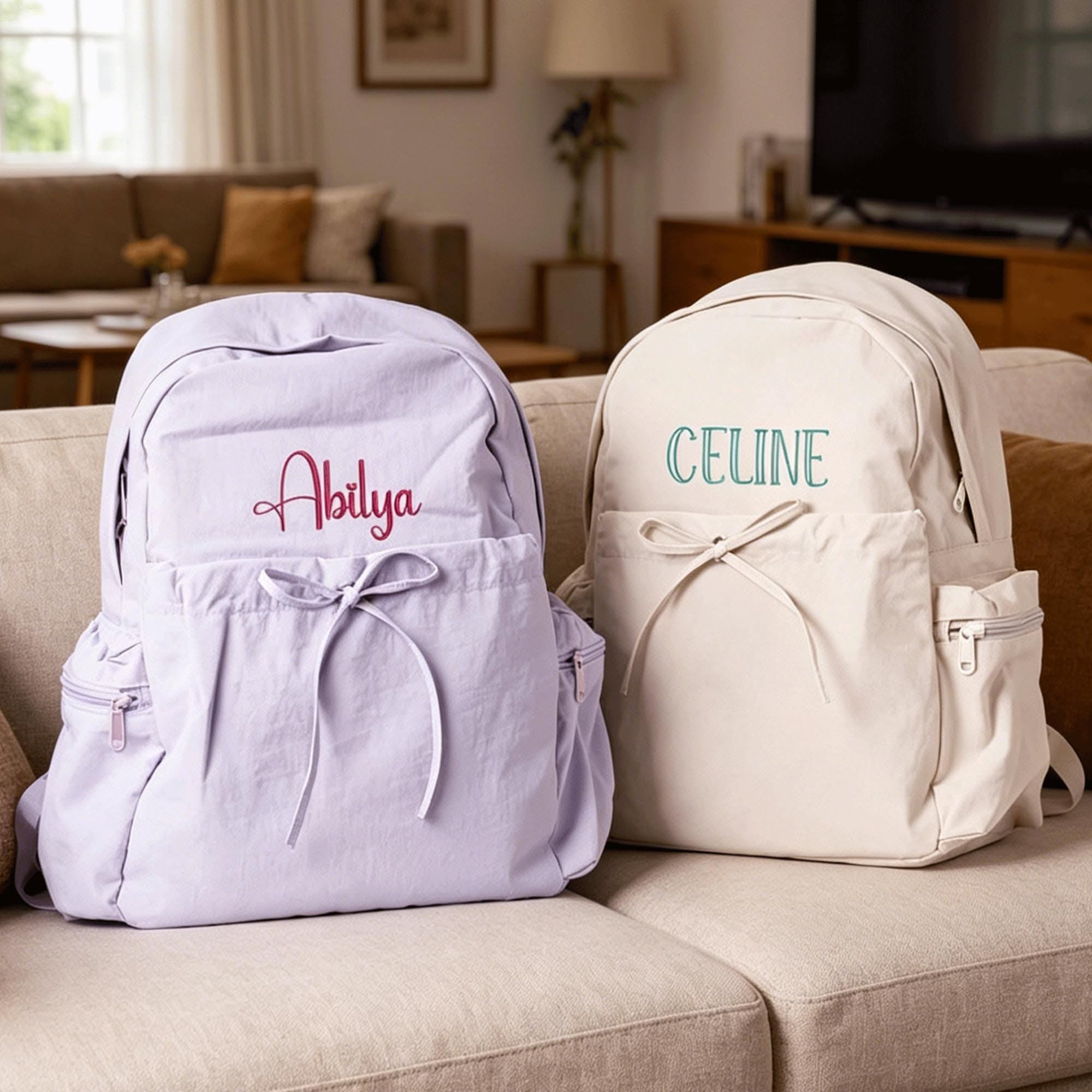 Personalized Lightweight Nylon Backpack with Custom Name Embroidery, Girls School Bag, Bow Backpack, Back to School Gift