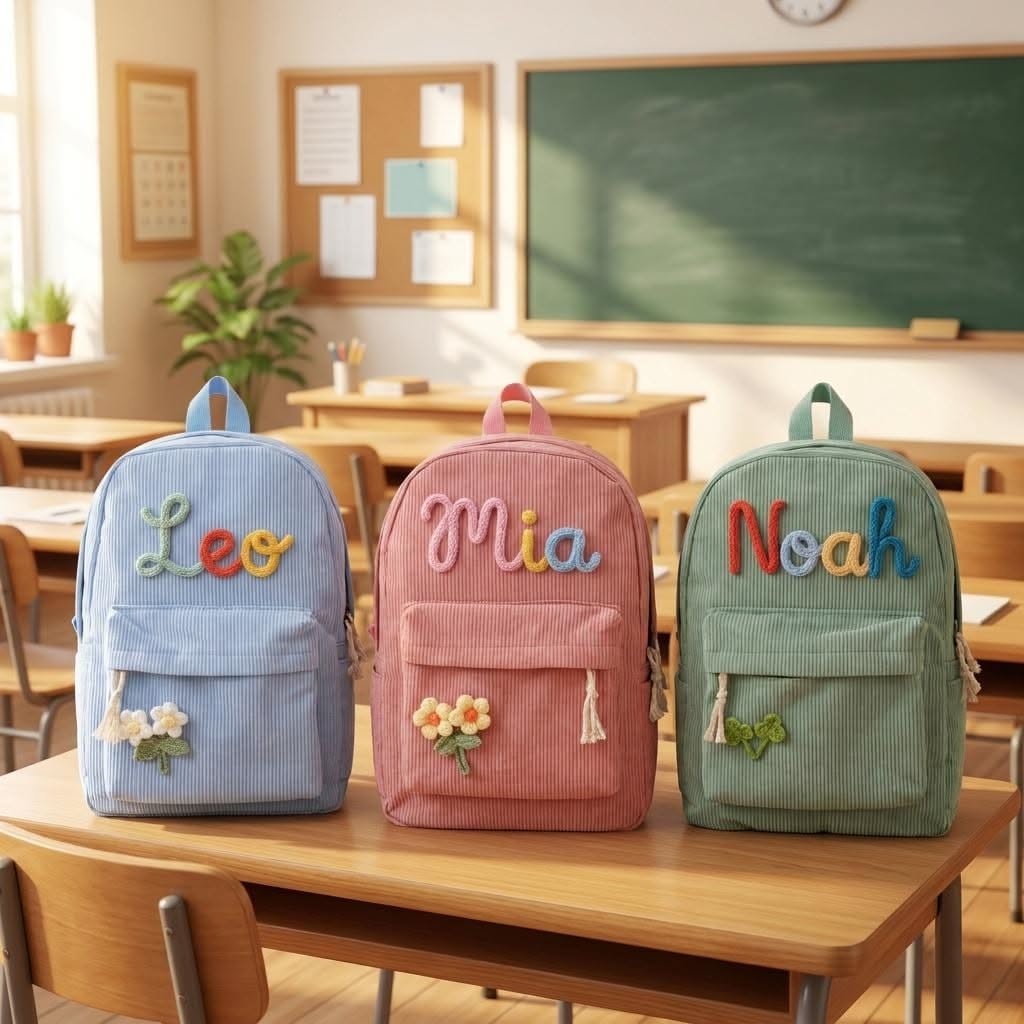 Custom Corduroy Kid Backpack, Embroidered Name Toddler School Bag, First Grade Mini Rucksack, Kindergarten Daycare Infant Children Gift Thid