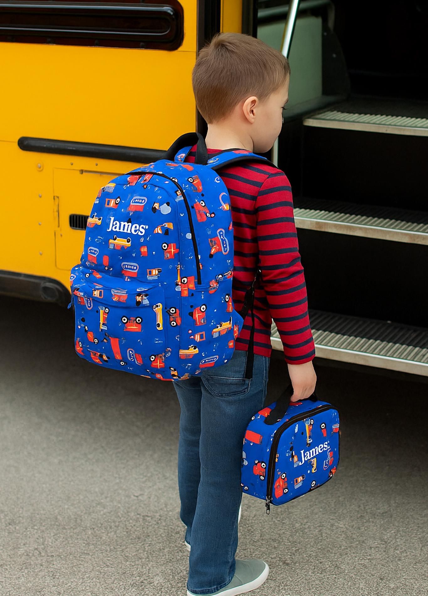 Personalized Blue Car Backpack Set: Embroidered Kids School Bag, Lunchbox & Pencil Case