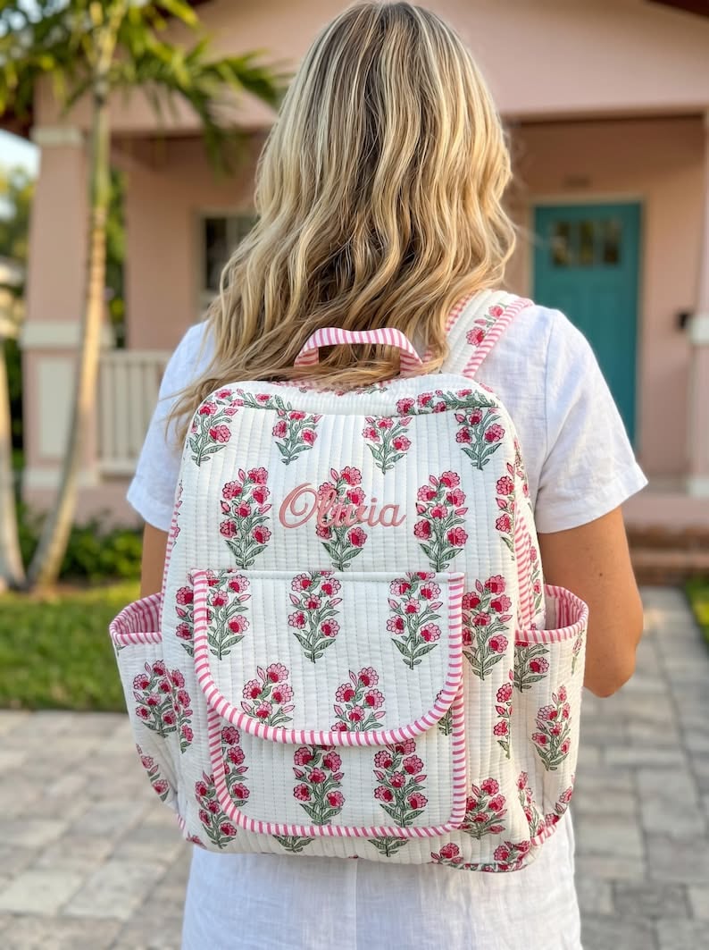 Embroidered Cotton Quilted Backpack, Personalized Floral Backpack, Quilted Girls Print Backpack, Monogram School Bag, Kids Travel