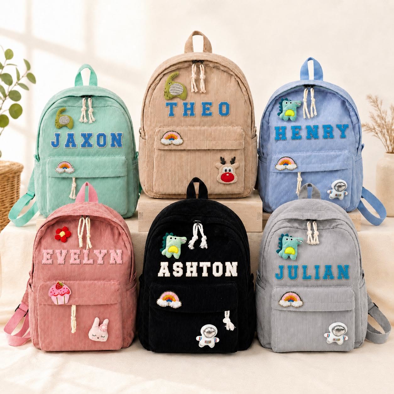 Personalized Kids Corduroy Backpack, Custom Name Elementary School Bag with Cute Patches, Student Bookbag, Back to School Gift