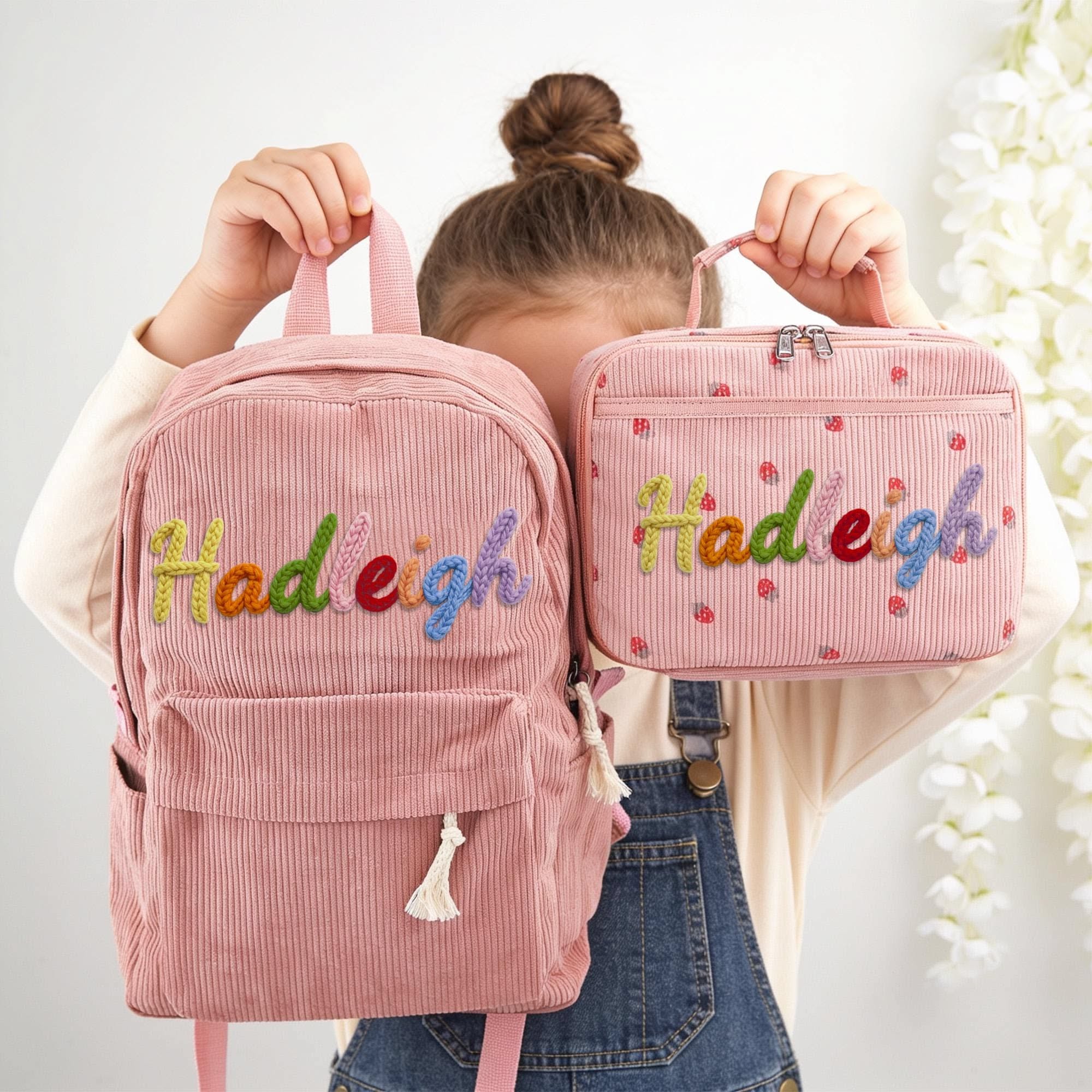 Personalized Backpack & Lunchbag, Back to School Gifts for Kids, Handcrafted Corduroy with Custom Crochet Name Lettering