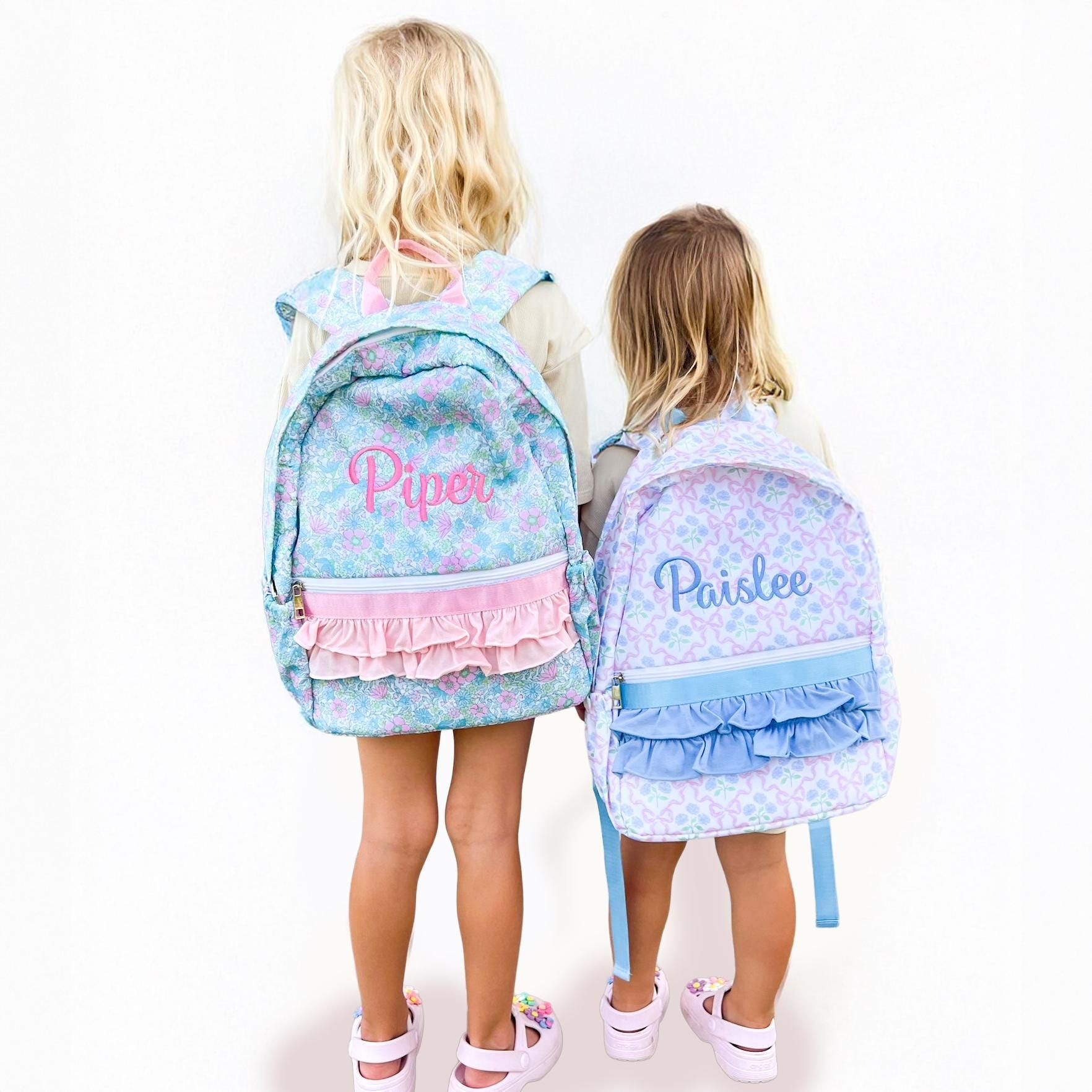 Monogrammed Coquette Backpack with Bow & Flower Ruffle – Nylon First Day School Bag