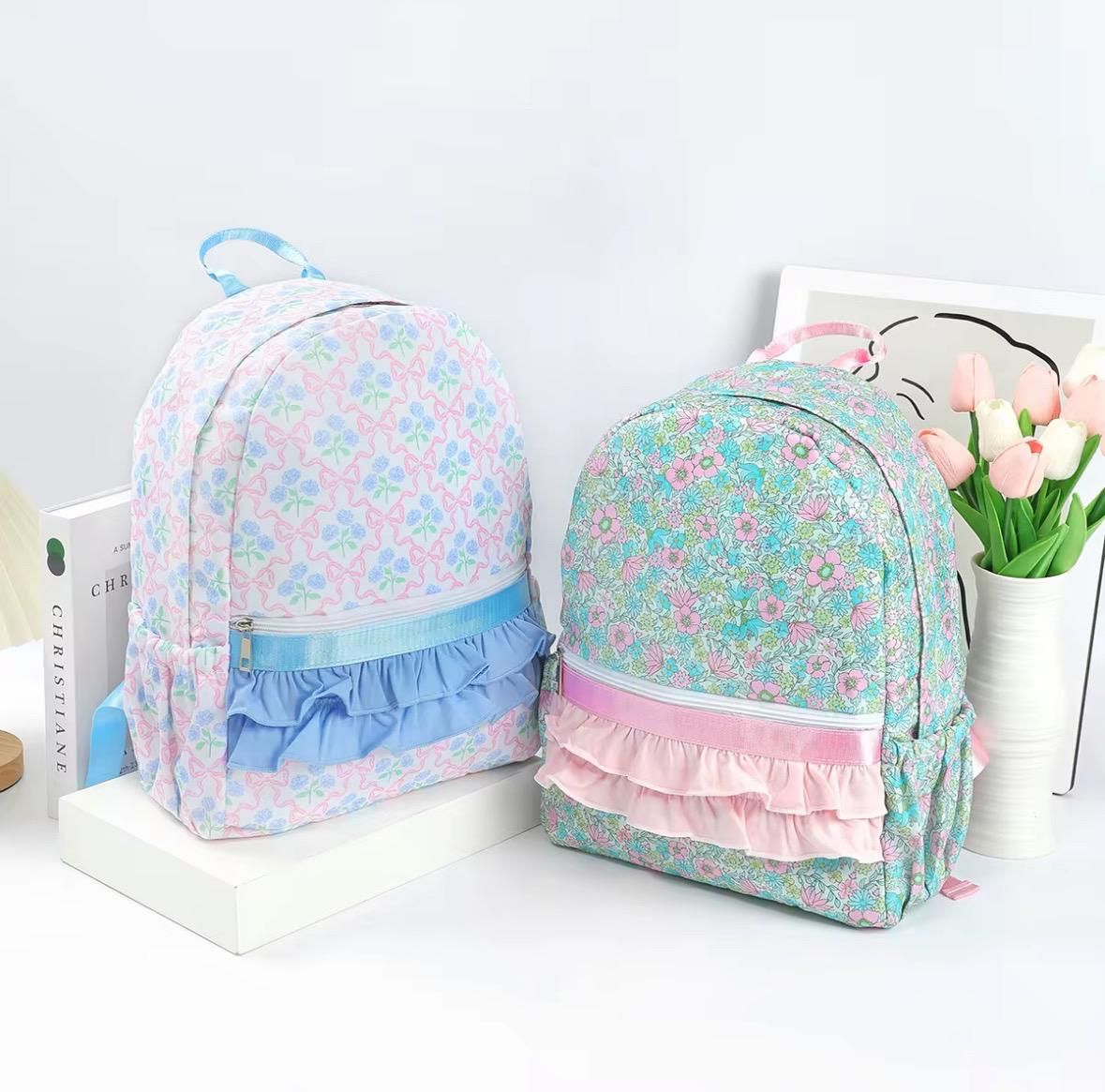 Girls Monogram Ruffle LARGE Backpack School Bag Personalize Custom toddler preschool Pink blue bow floral embroider name butterfly knapsack