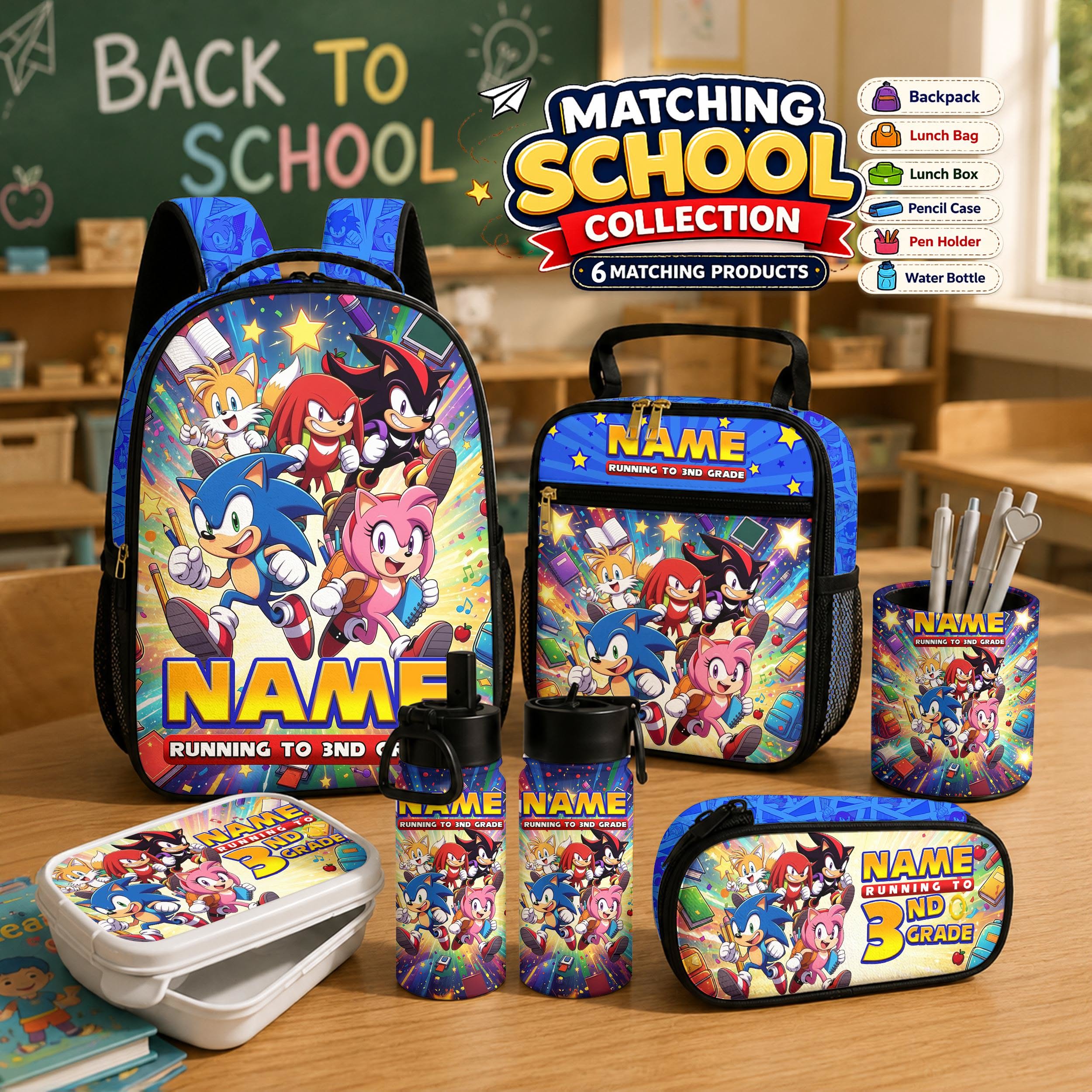 Personalized Sonic Backpack, Custom Name School Backpack, Matching School Set, Back To School Gift, Birthday Gift, Grandchildren Gift