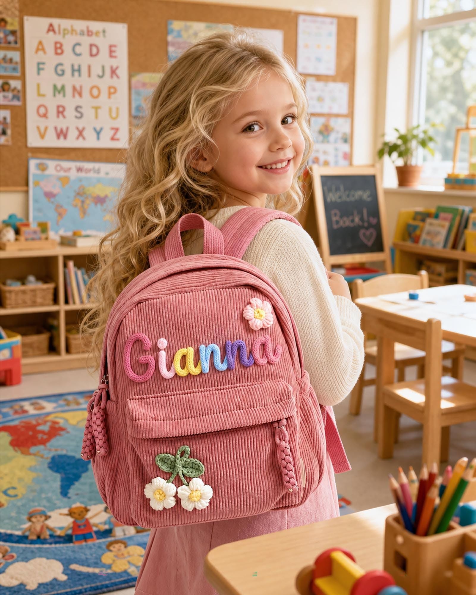 Personalized Corduroy Toddler Backpack, Custom Name Preschool Backpack, Embroidered Mini School Bag, Baby Girl Bakcpack, Back to School Gift