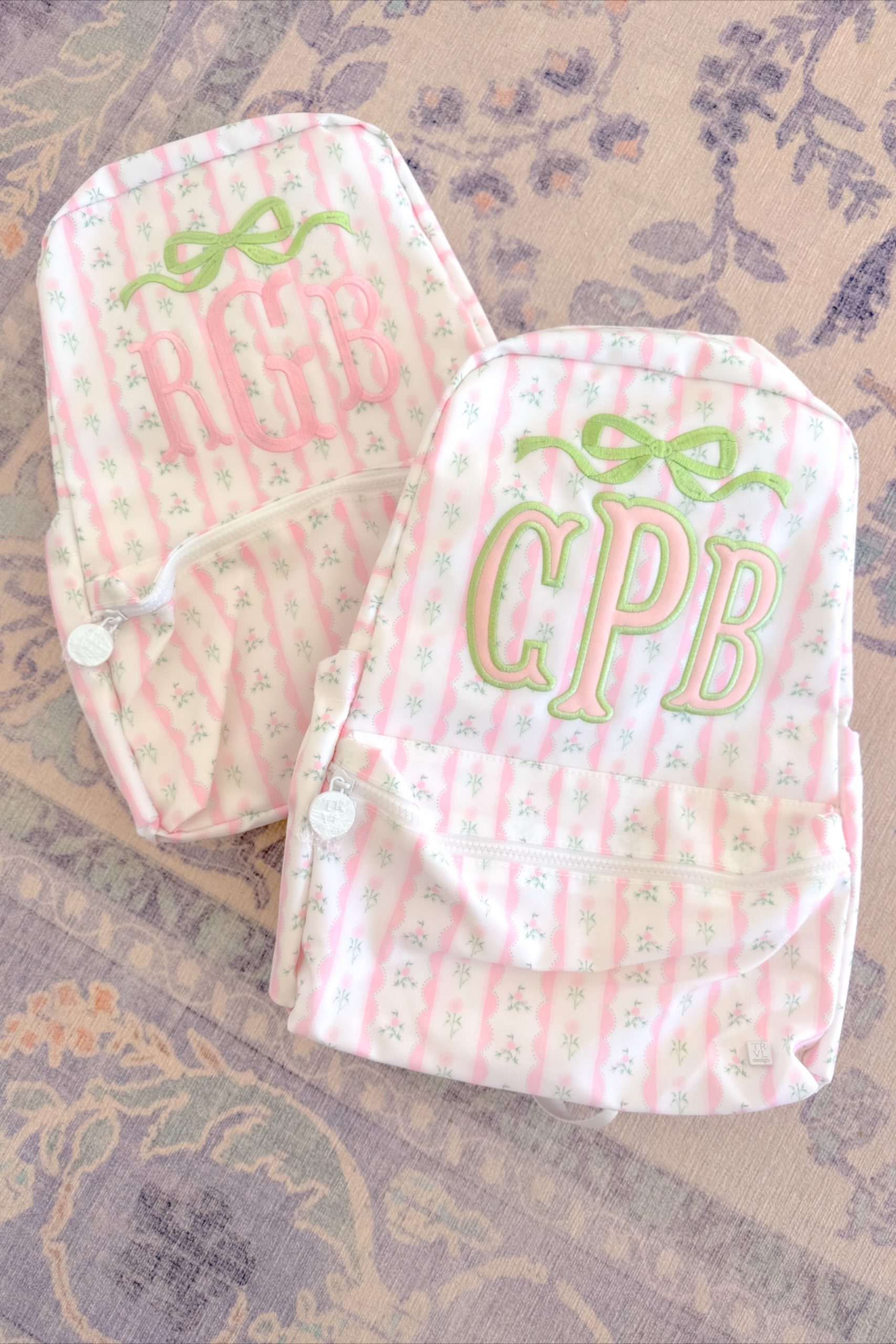 Personalized Pink & Green Monogram Backpack | Preppy Kids Bag