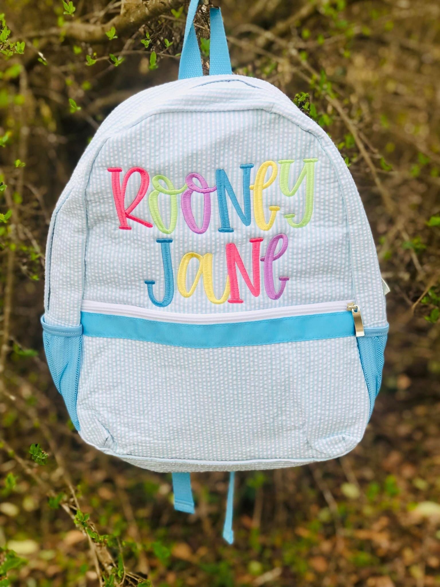 IN STOCK! Seersucker Backpack – Personalized School Bag, Book Bag, Name applique, diaper bag, Farmhouse, Preschool Bookbag, Best Seller
