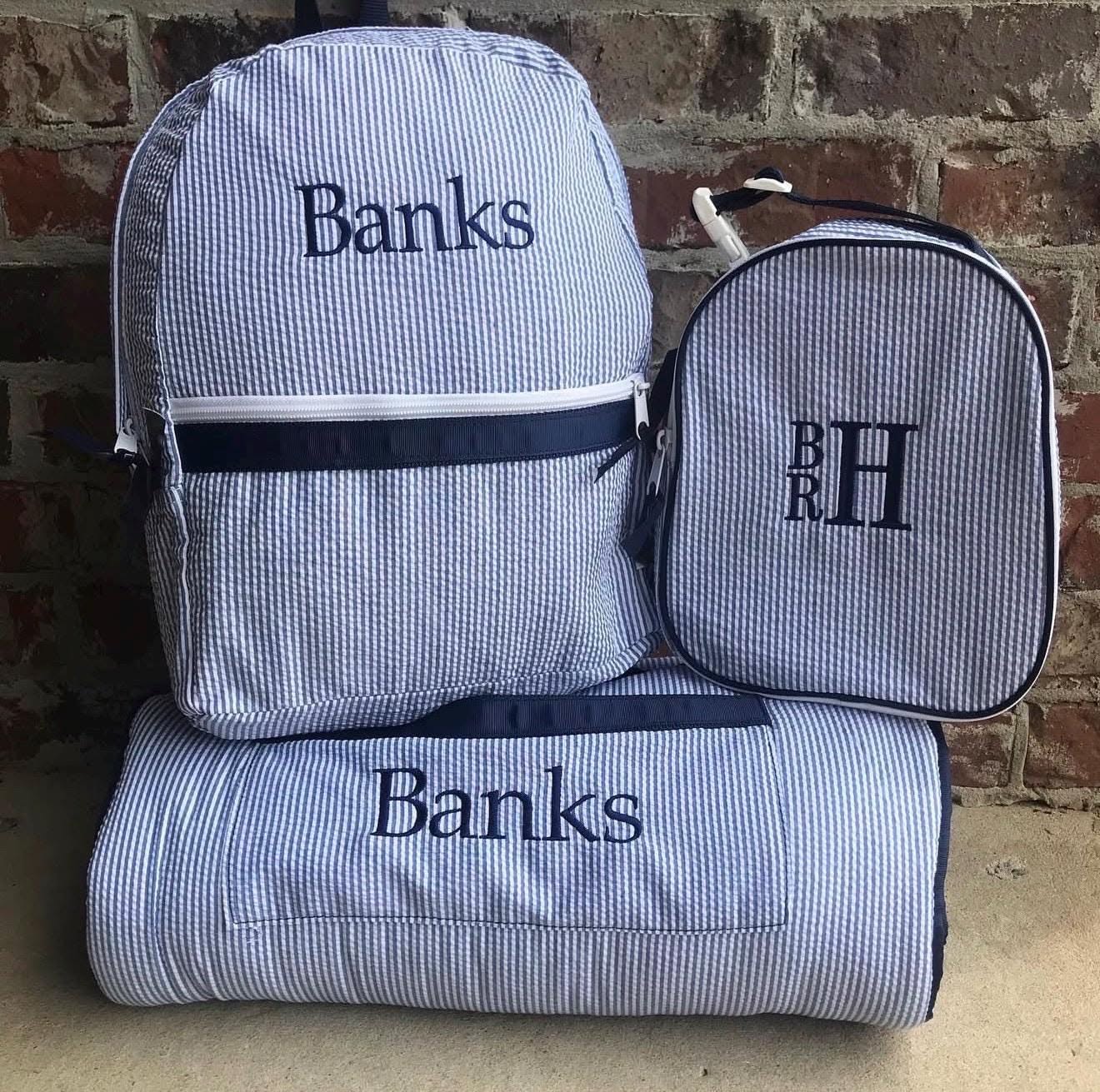 Personalized Back to School Set, Seersucker Embroidered Backpack, Lunchbox, & Nap Mat